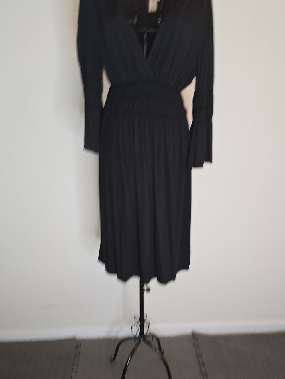 Max Studio Black Smocked-Waist V-Neck Midi Dress